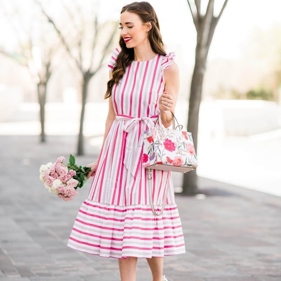 KATE SPADE BNWOT pink striped poplin midi dress - Picture 1 of 14